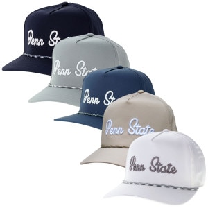 navy, gray, saltwater blue, stone, and white caddy hats with rope across brim and embroidered script Penn State